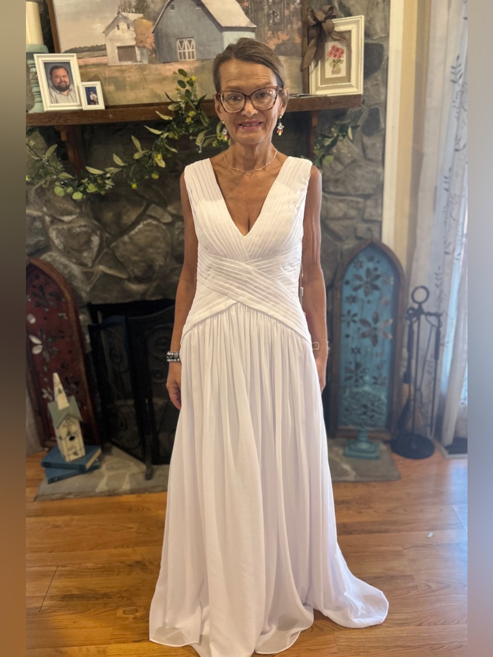 Women's White V-Neck Pleated Wedding gown.
